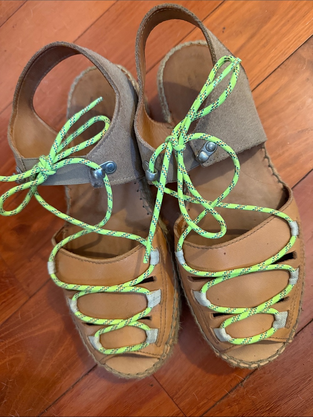 Women’s Tan Espadrille Sandals with Neon Green Lace-Up Detail